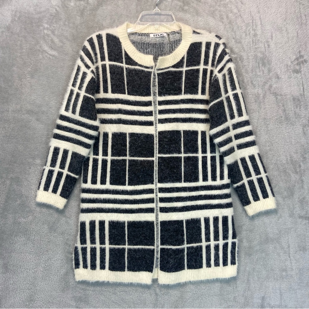 Renjo Gray Cream Contrast Stripes Soft Wool Blend Duster Sweater Size L